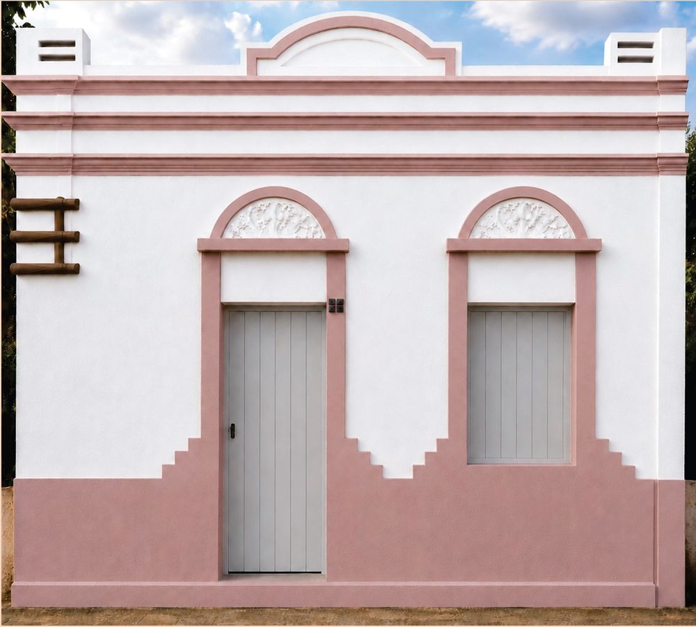 Projeto de restauro da fachada da Casa 1940, em rosa e branco, com o frontão recuperado