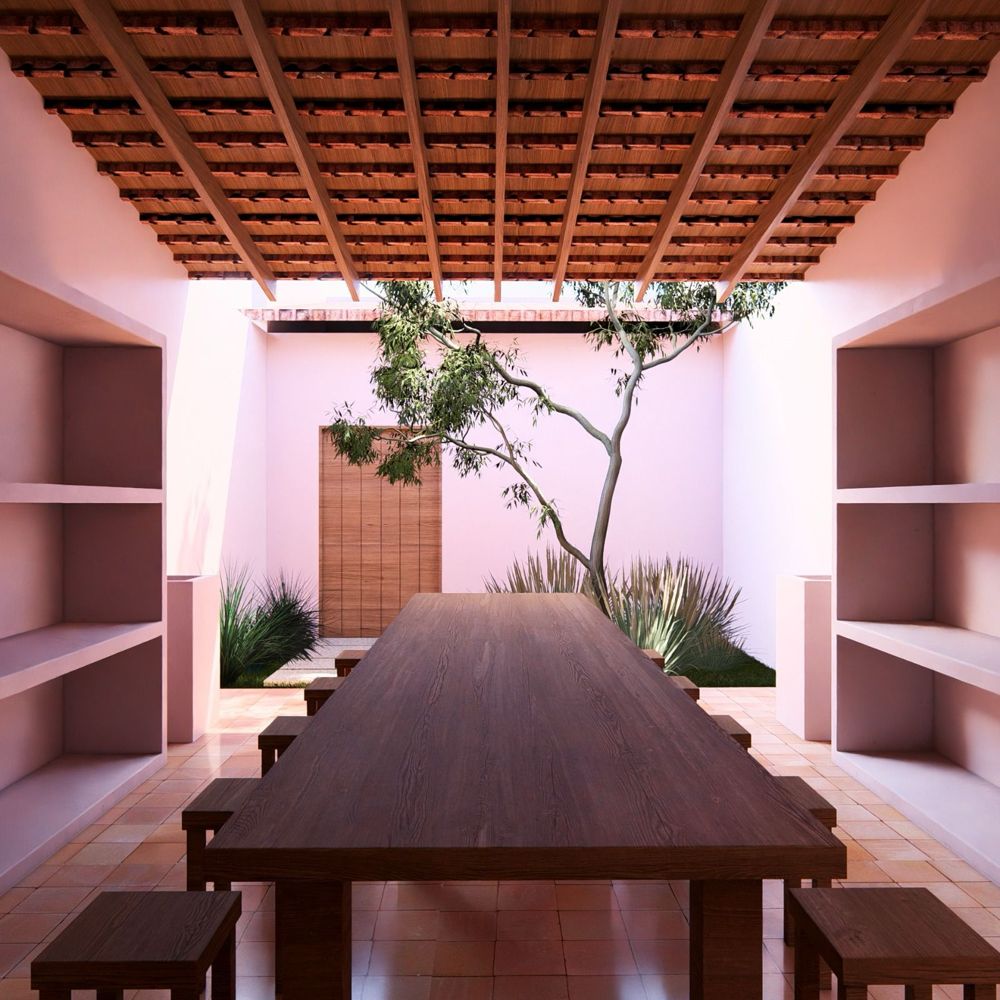 Projeto do pátio interno com mesa comunitária e árvore central